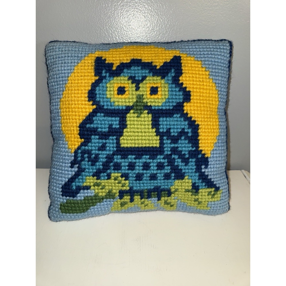 Vintage Owl Needlepoint Pillow 11x11 Handmade Woodland Nature Cute Decor Cushion